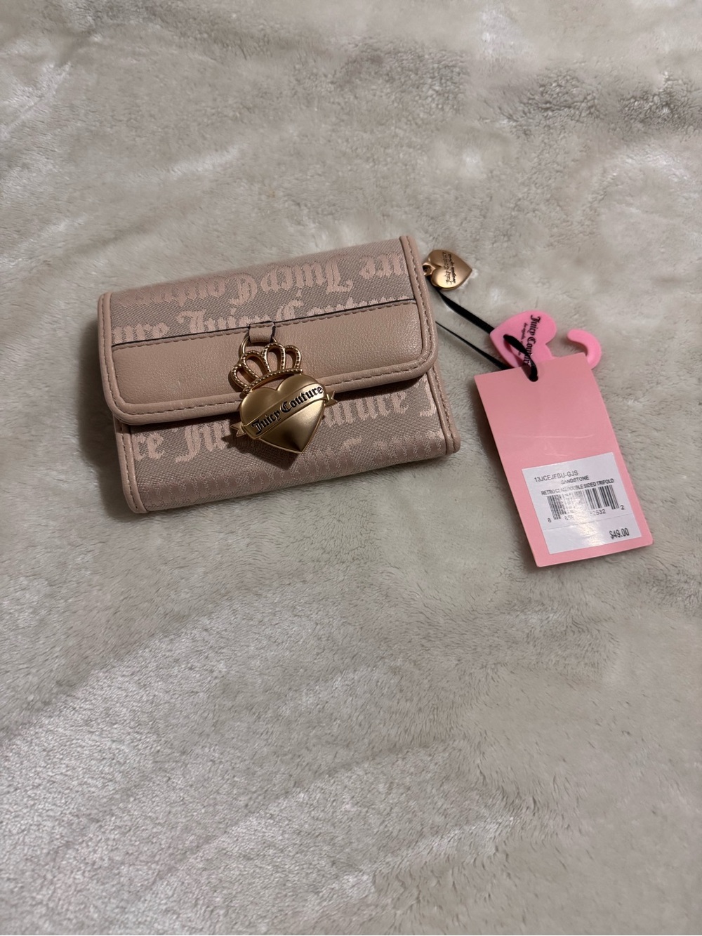 Juicy Couture Blush Pink Logo Trifold Wallet with Gold Heart Crest